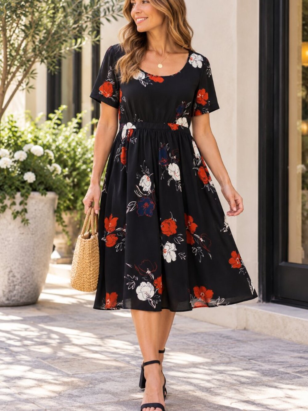 Modcloth Black Floral Short Sleeve Skater Dress Sz L